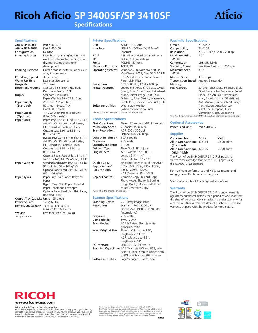 Ricoh manual Ricoh Aficio SP 3400SF/SP 3410SF, Specifications 