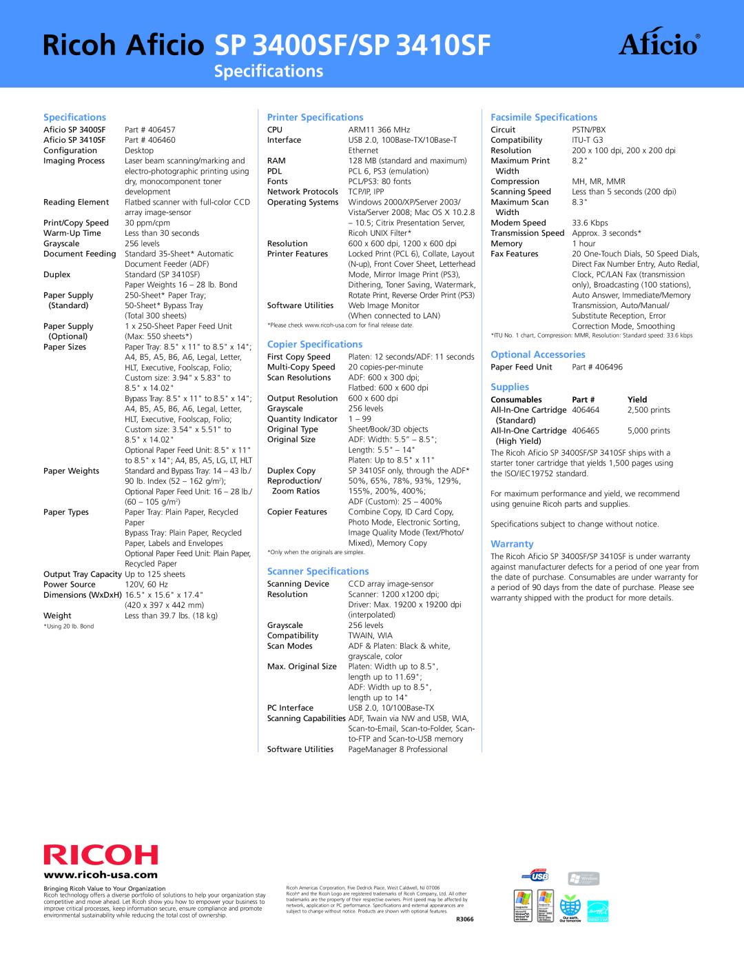 Ricoh manual Ricoh Aficio SP 3400SF/SP 3410SF, Printer Specifications, Copier Specifications, Scanner Specifications 