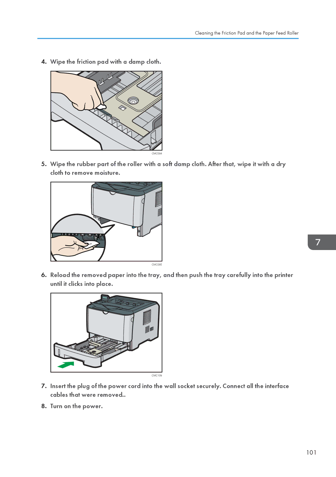 Ricoh SP 3500N, SP 3510DN manual Wipe the friction pad with a damp cloth, 101 