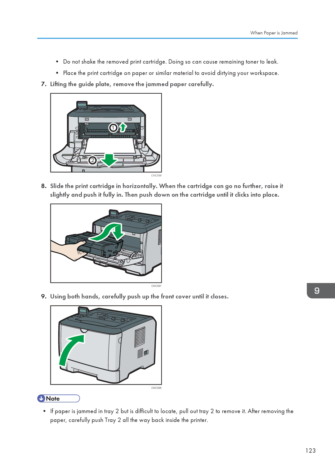 Ricoh SP 3500N, SP 3510DN manual Lifting the guide plate, remove the jammed paper carefully 