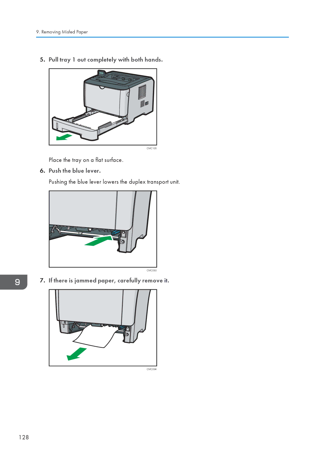 Ricoh SP 3510DN, SP 3500N manual Pull tray 1 out completely with both hands, Push the blue lever, 128 