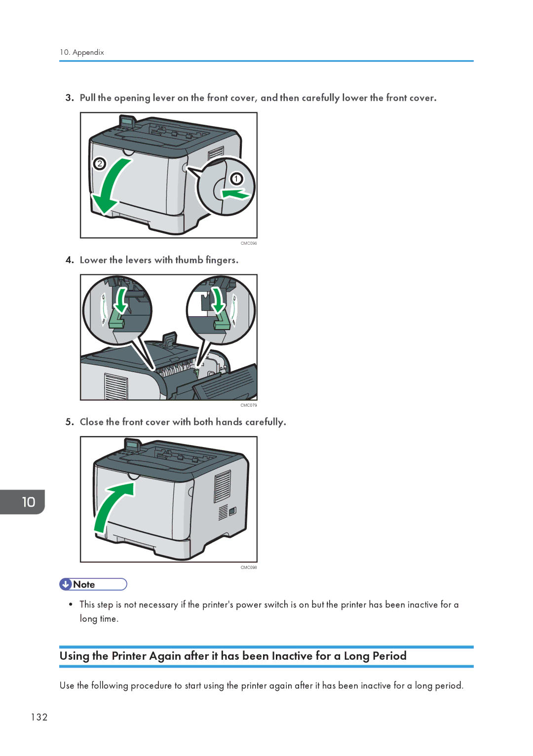 Ricoh SP 3510DN, SP 3500N manual Lower the levers with thumb fingers, Close the front cover with both hands carefully 