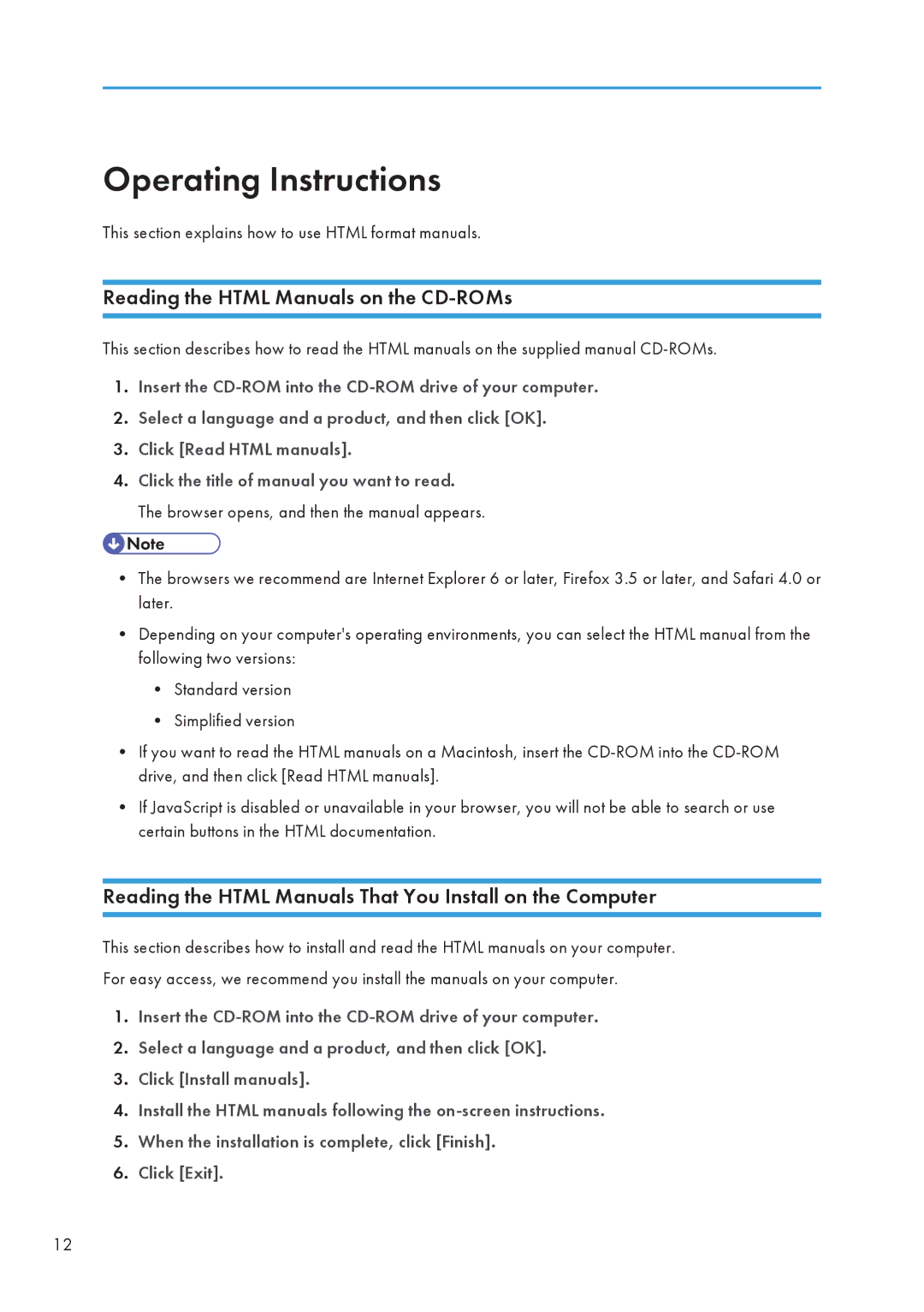 Ricoh SP 3510DN, SP 3500N manual Operating Instructions, Reading the Html Manuals on the CD-ROMs 