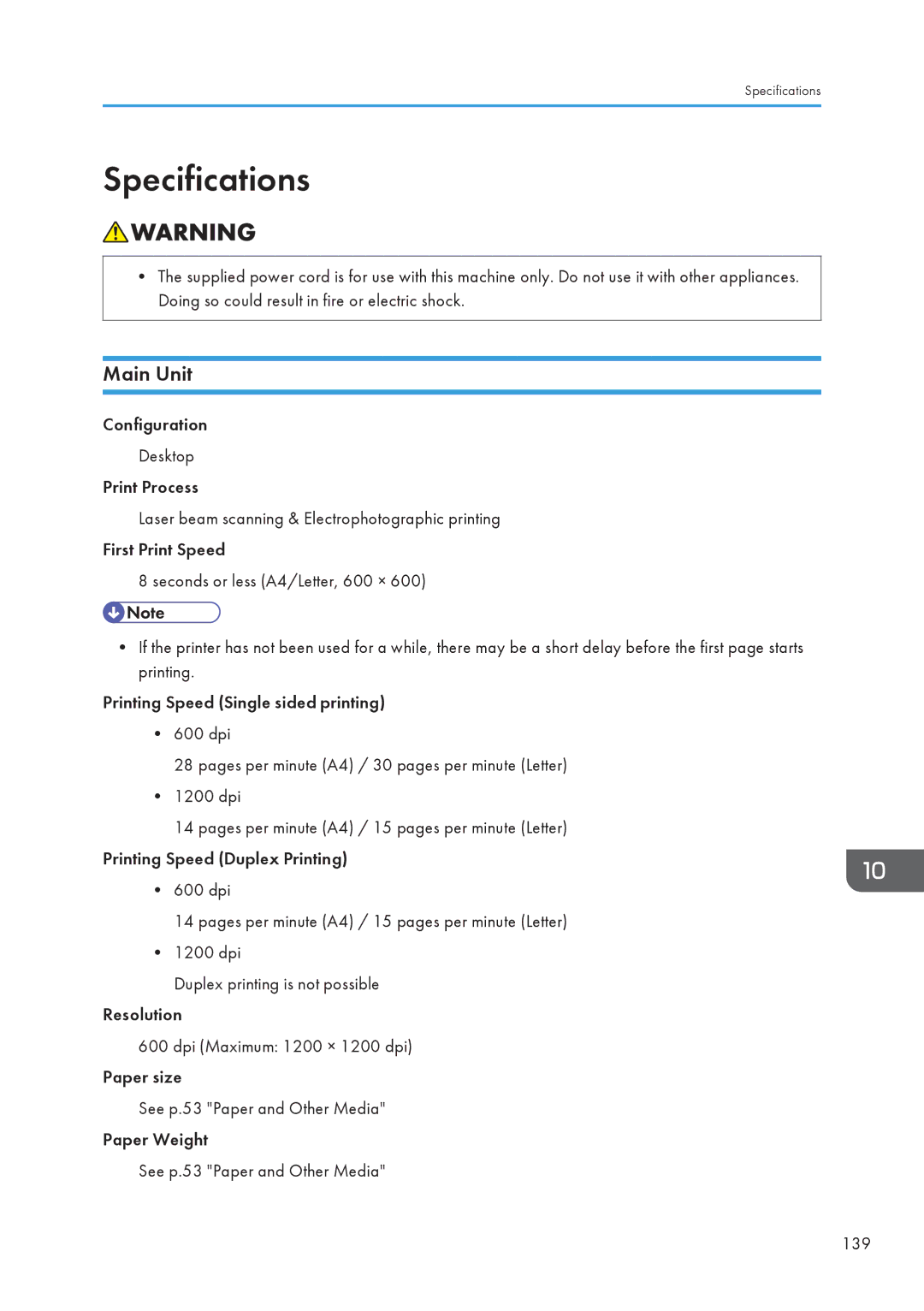 Ricoh SP 3500N, SP 3510DN manual Specifications, Main Unit 