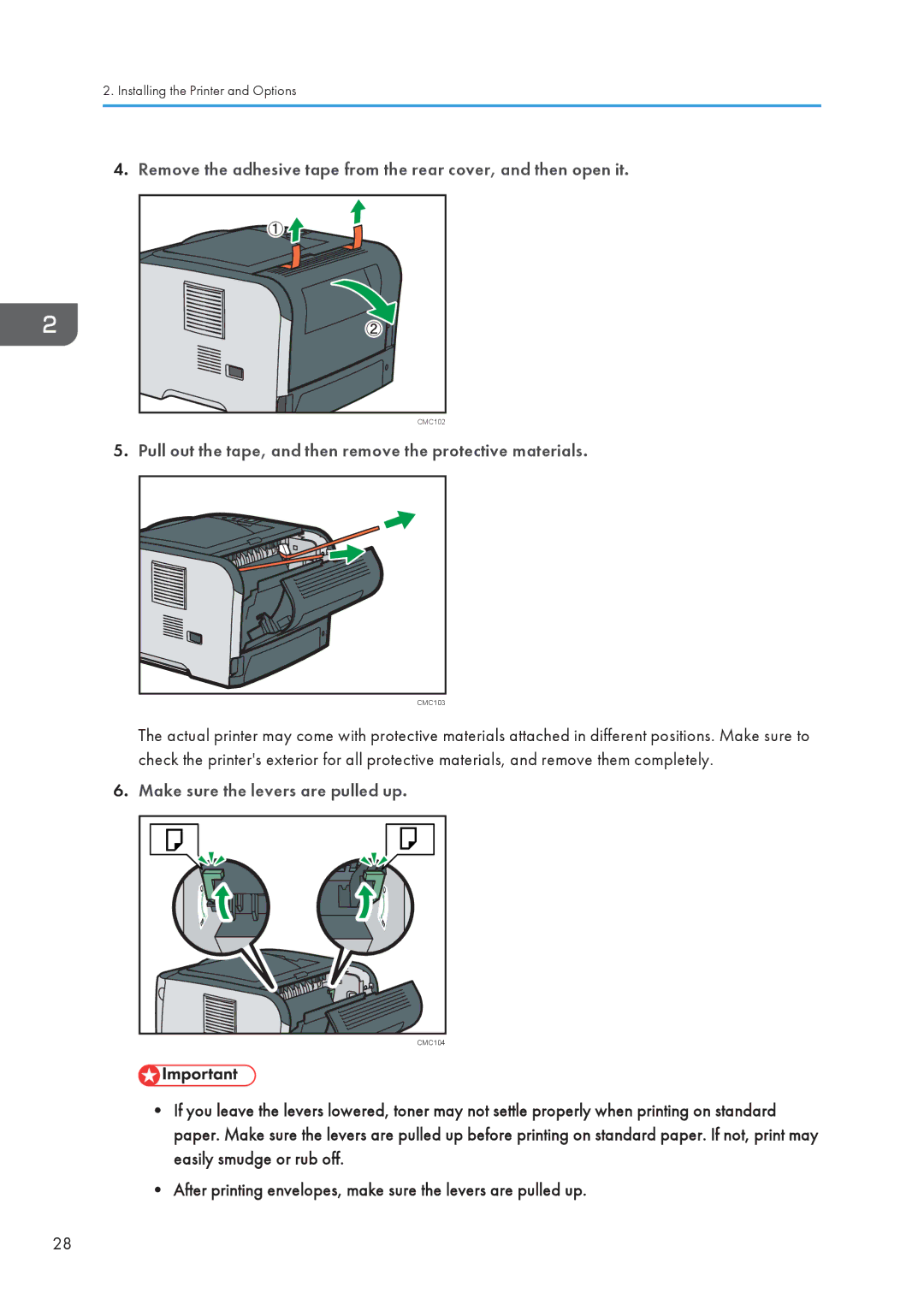 Ricoh SP 3510DN, SP 3500N Pull out the tape, and then remove the protective materials, Make sure the levers are pulled up 