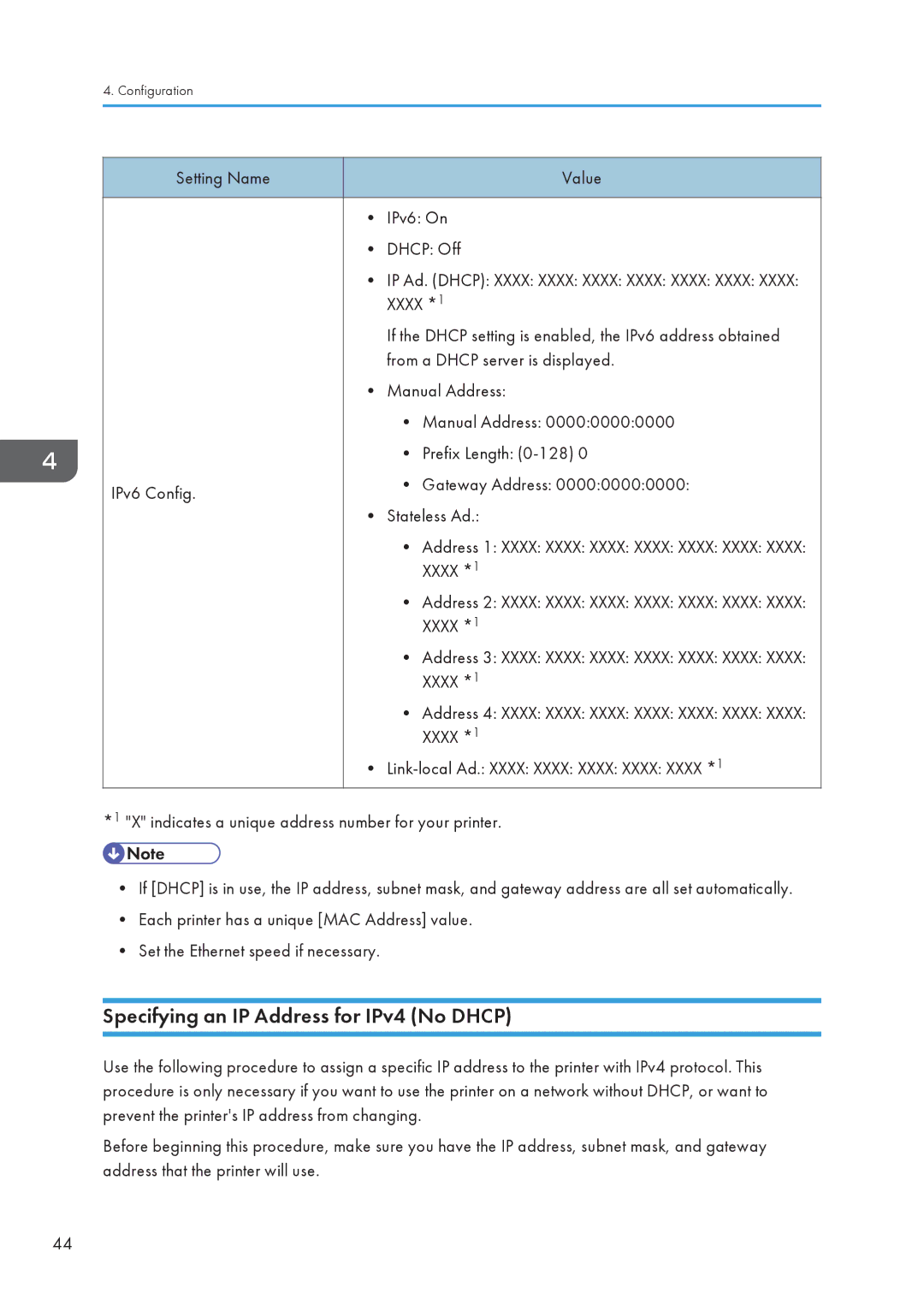 Ricoh SP 3510DN, SP 3500N manual Specifying an IP Address for IPv4 No Dhcp 