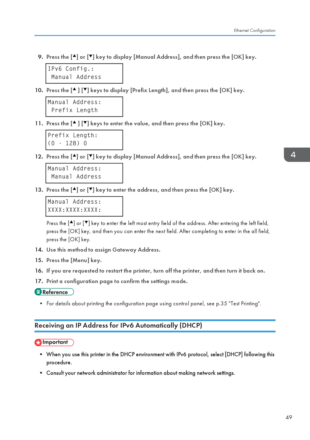 Ricoh SP 3500N manual Receiving an IP Address for IPv6 Automatically Dhcp, IPv6 Config Manual Address, Prefix Length 0 128 