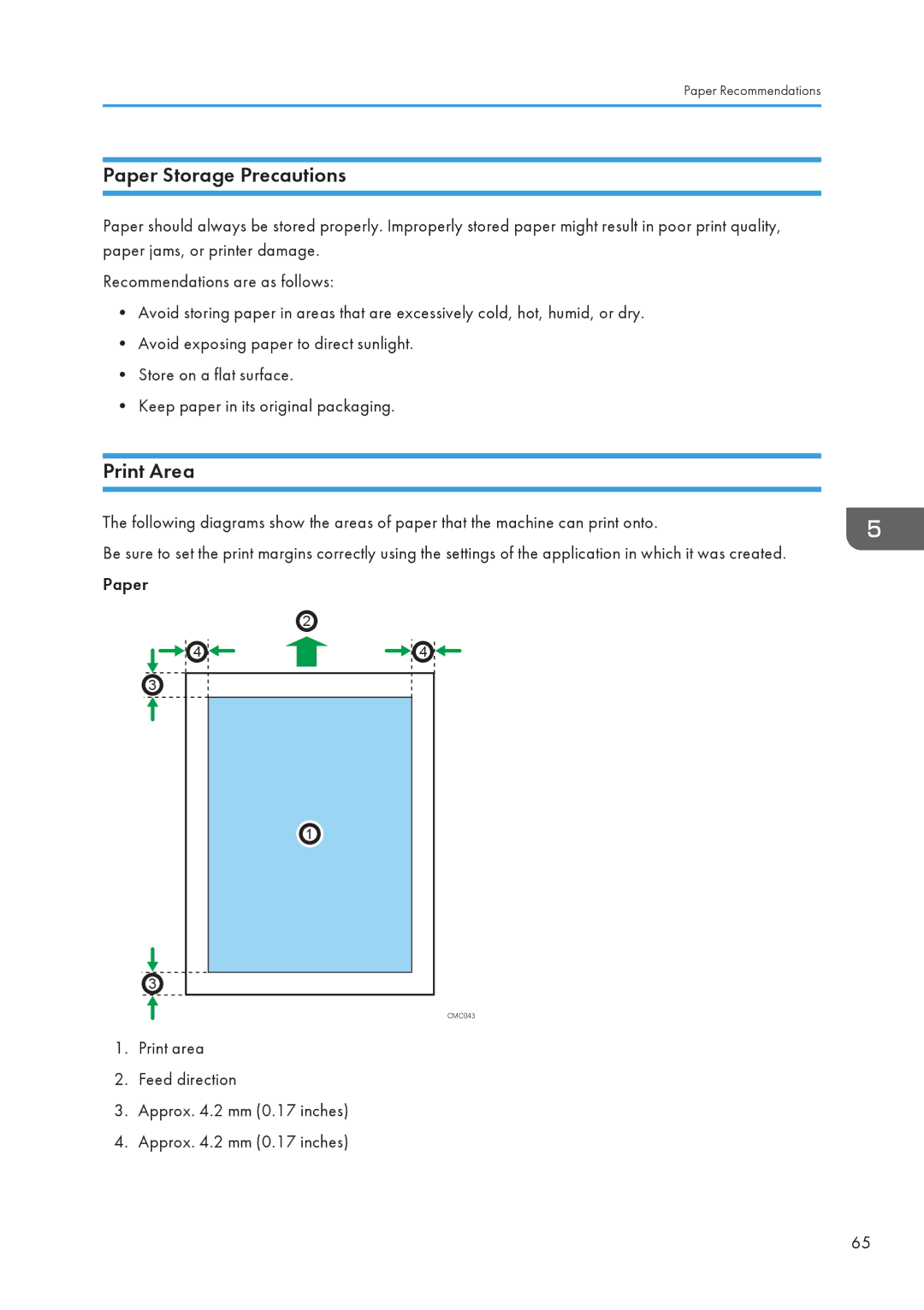 Ricoh SP 3500N, SP 3510DN manual Paper Storage Precautions, Print Area, Print area Feed direction Approx .2 mm 0.17 inches 