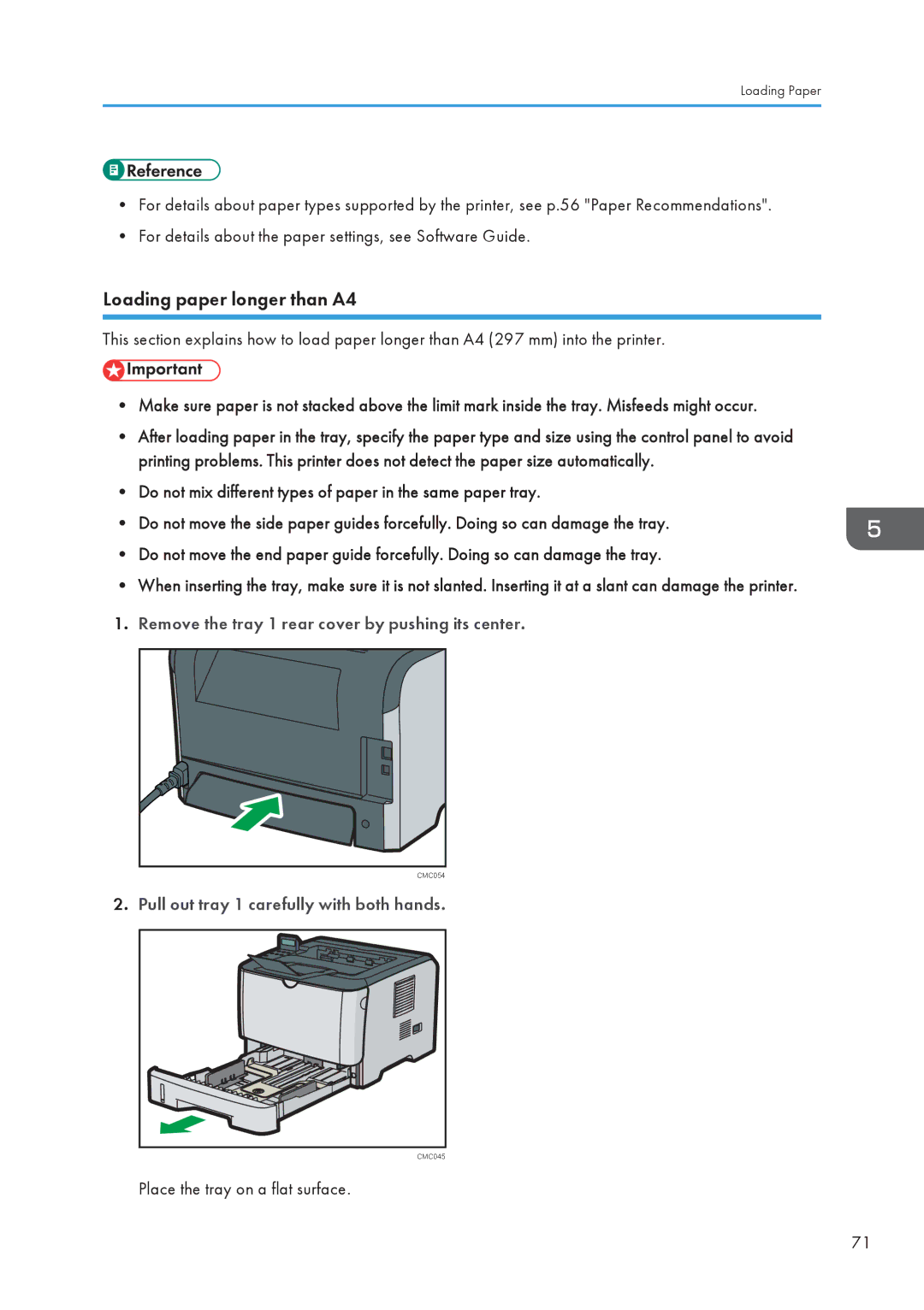 Ricoh SP 3500N, SP 3510DN manual Loading paper longer than A4, Remove the tray 1 rear cover by pushing its center 