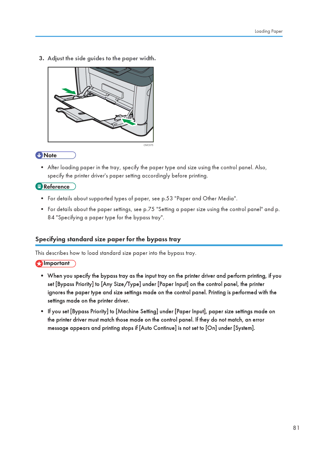 Ricoh SP 3500N, SP 3510DN Specifying standard size paper for the bypass tray, Adjust the side guides to the paper width 