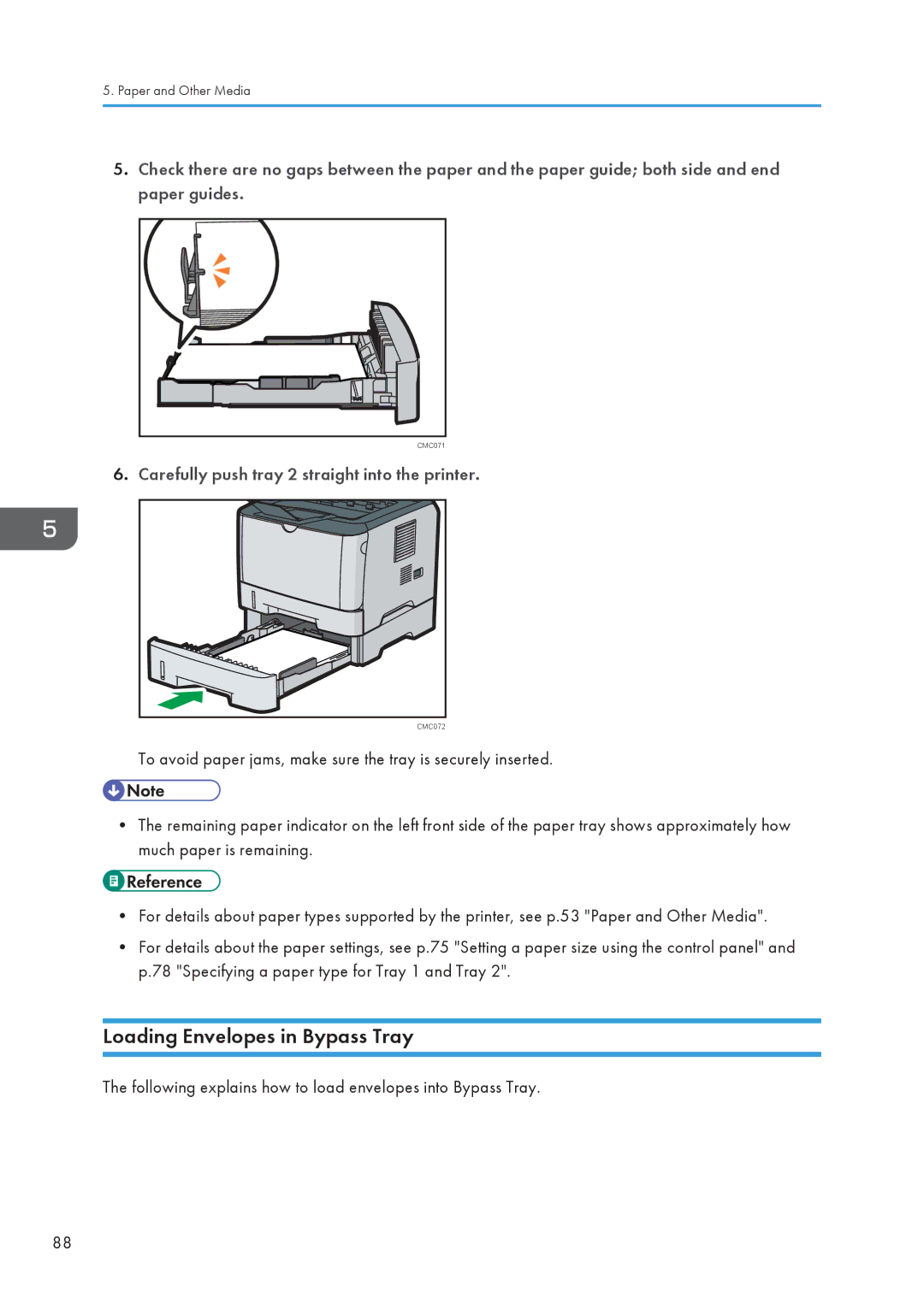 Ricoh SP 3510DN, SP 3500N manual Loading Envelopes in Bypass Tray, Carefully push tray 2 straight into the printer 