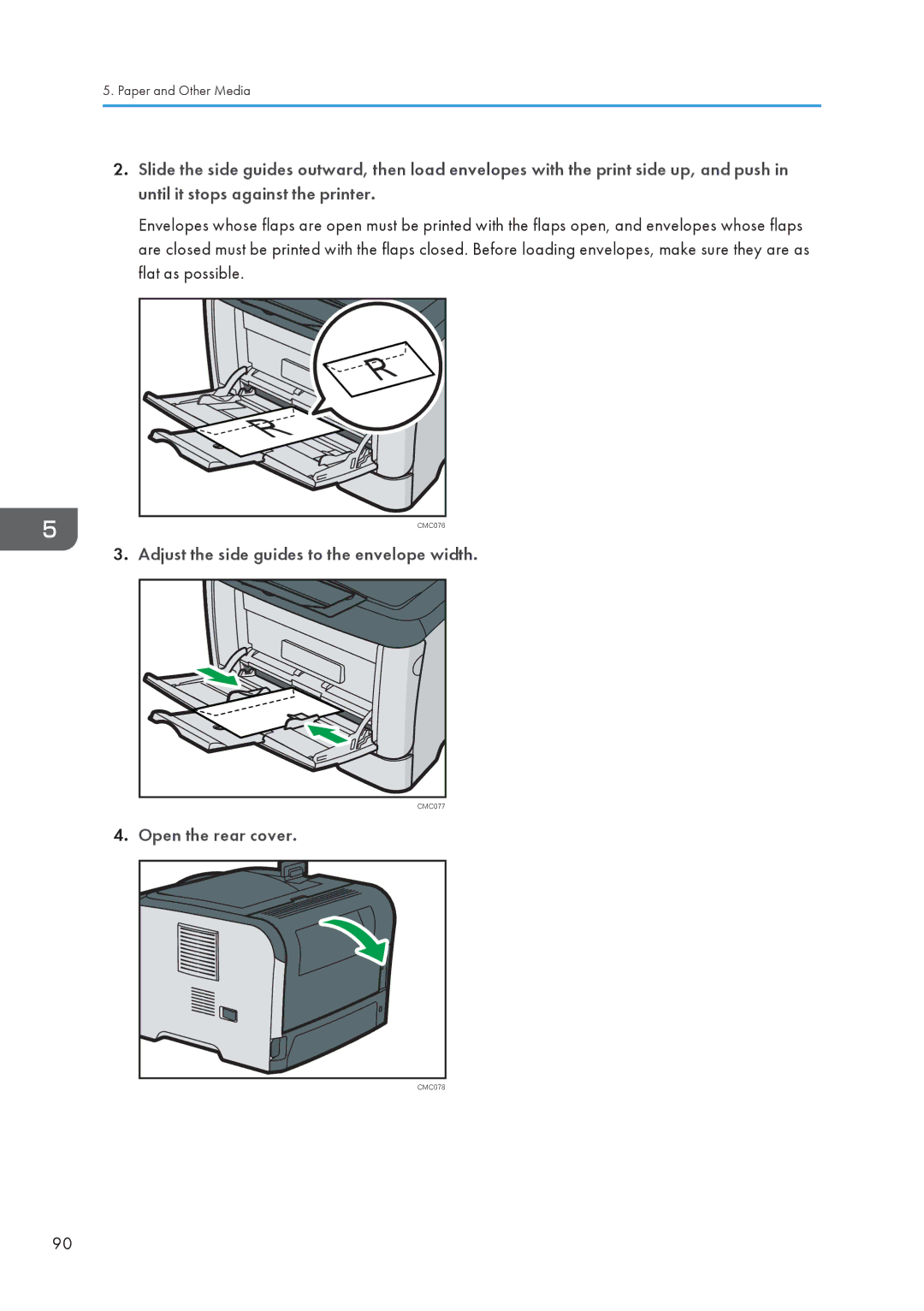 Ricoh SP 3510DN, SP 3500N manual Adjust the side guides to the envelope width, Open the rear cover 