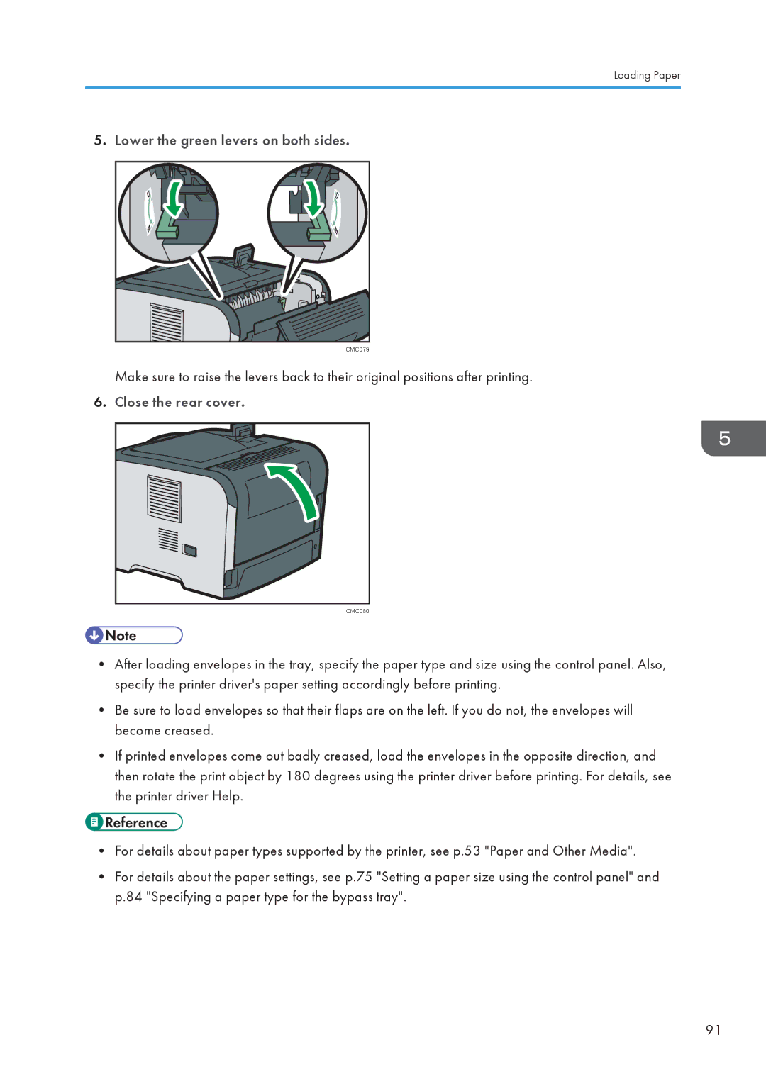 Ricoh SP 3500N, SP 3510DN manual Lower the green levers on both sides, Close the rear cover 