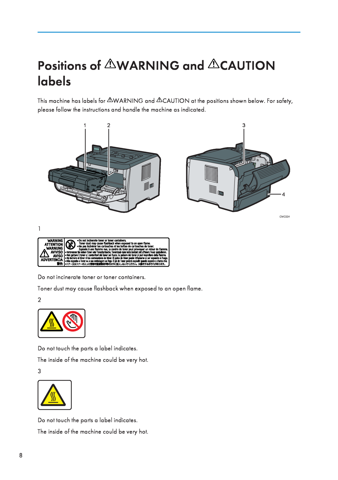 Ricoh SP 3510DN, SP 3500N manual Positions of WARNING and CAUTION labels 