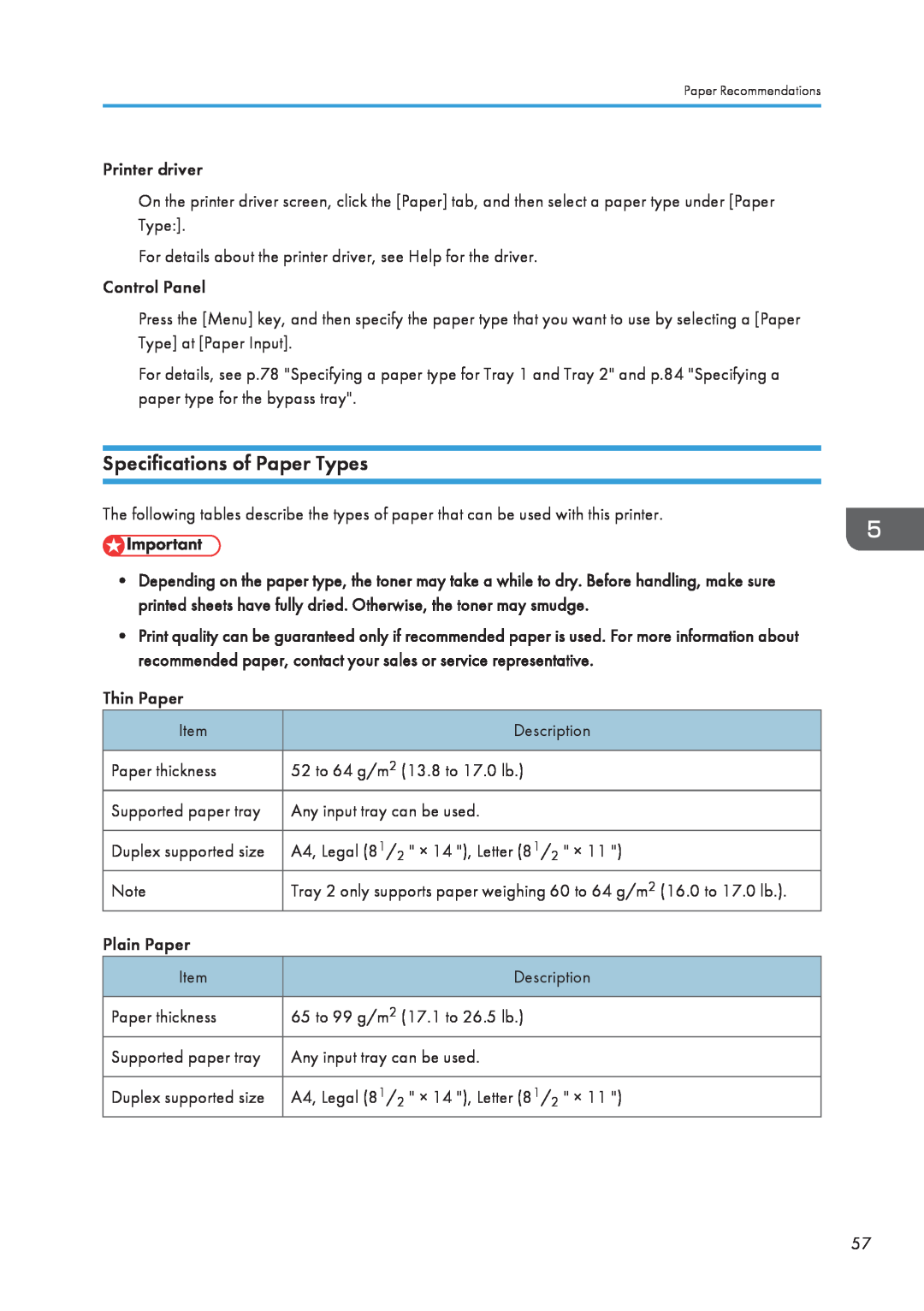 Ricoh SP 3500N, SP 3510DN manual Specifications of Paper Types 