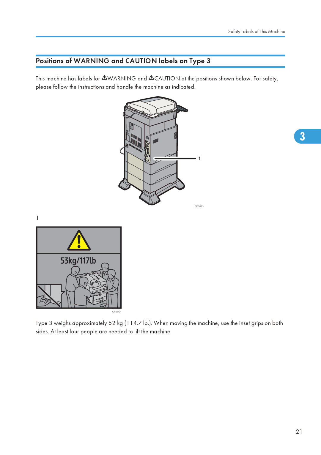 Ricoh SP 5200S/5210SF/5210SR manual Positions of Warning and Caution labels on Type 