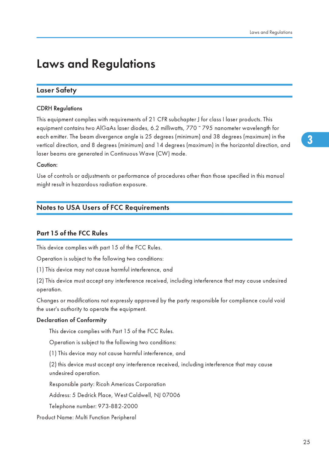 Ricoh SP 5200S/5210SF/5210SR manual Laser Safety, Part 15 of the FCC Rules 