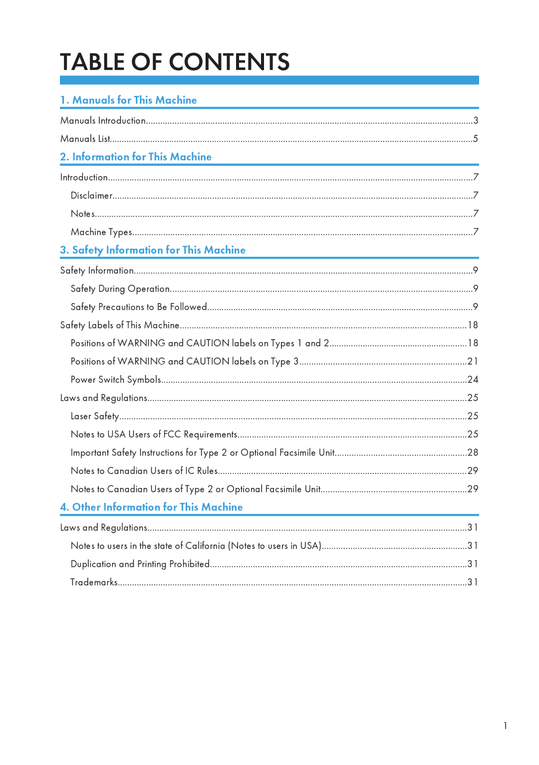 Ricoh SP 5200S/5210SF/5210SR manual Table of Contents 