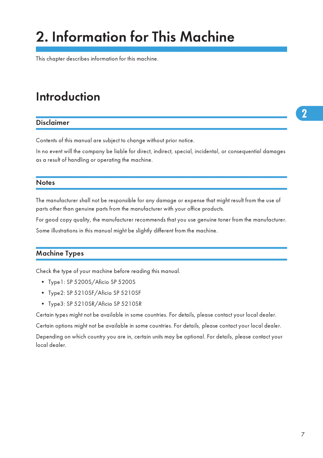 Ricoh SP 5200S/5210SF/5210SR manual Disclaimer, Machine Types 