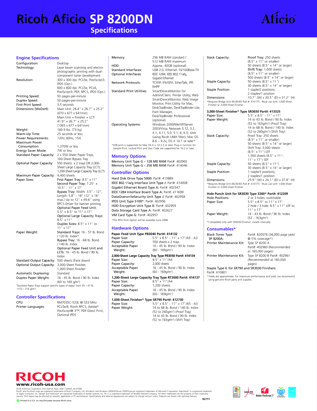 Ricoh SP 8200DN manual Specifications 