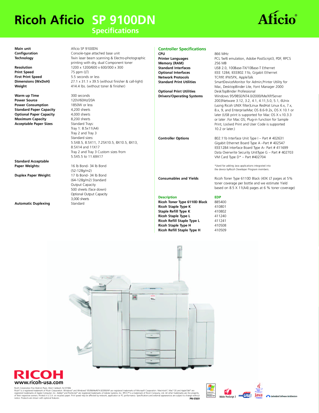 Ricoh SP 9100DN manual Specifications 