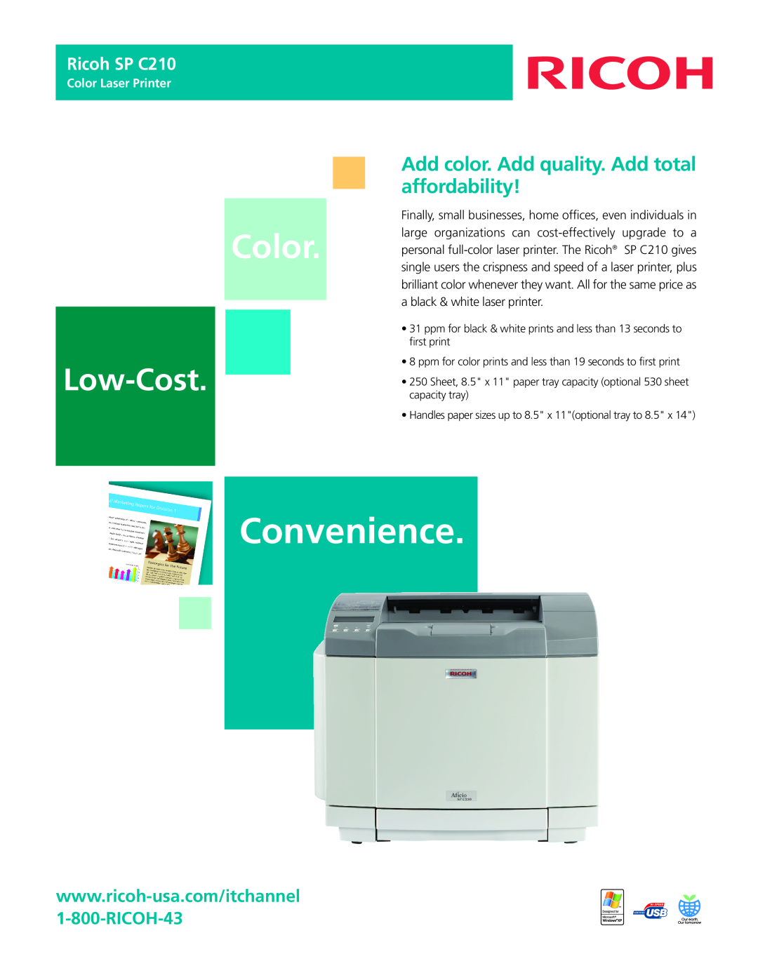 Ricoh manual Add color. Add quality. Add total affordability, Ricoh SP C210, Convenience, Low-Cost, Color Laser Printer 