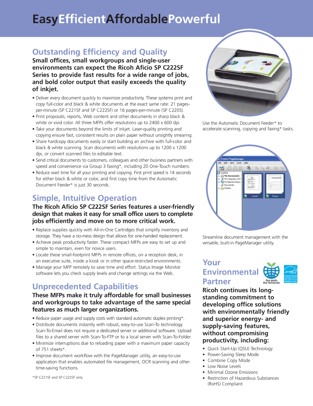 Ricoh SP C222SF manual EasyEfficientAffordablePowerful, Outstanding Efficiency and Quality 