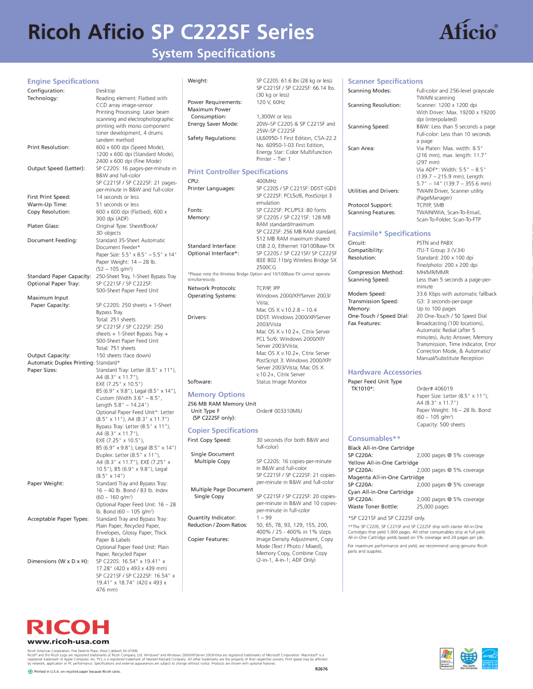 Ricoh manual Ricoh Aficio SP C222SF Series, System Specifications 