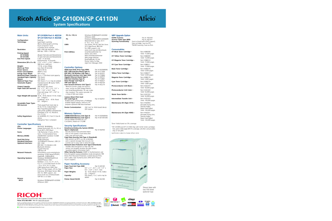 Ricoh specifications Ricoh Aficio SP C410DN/SP C411DN 