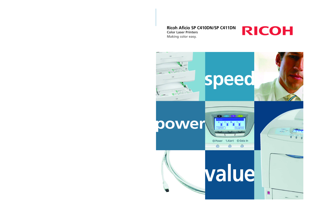 Ricoh specifications value, speed, power, Ricoh Aficio SP C410DN/SP C411DN, Color Laser Printers, Making color easy 