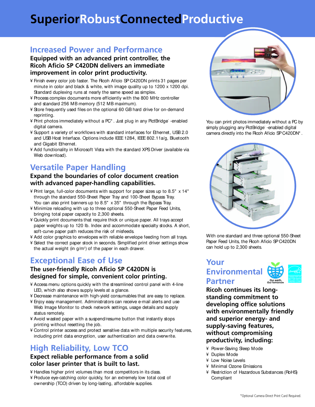 Ricoh SP C420DN manual SuperiorRobustConnectedProductive, Increased Power and Performance 