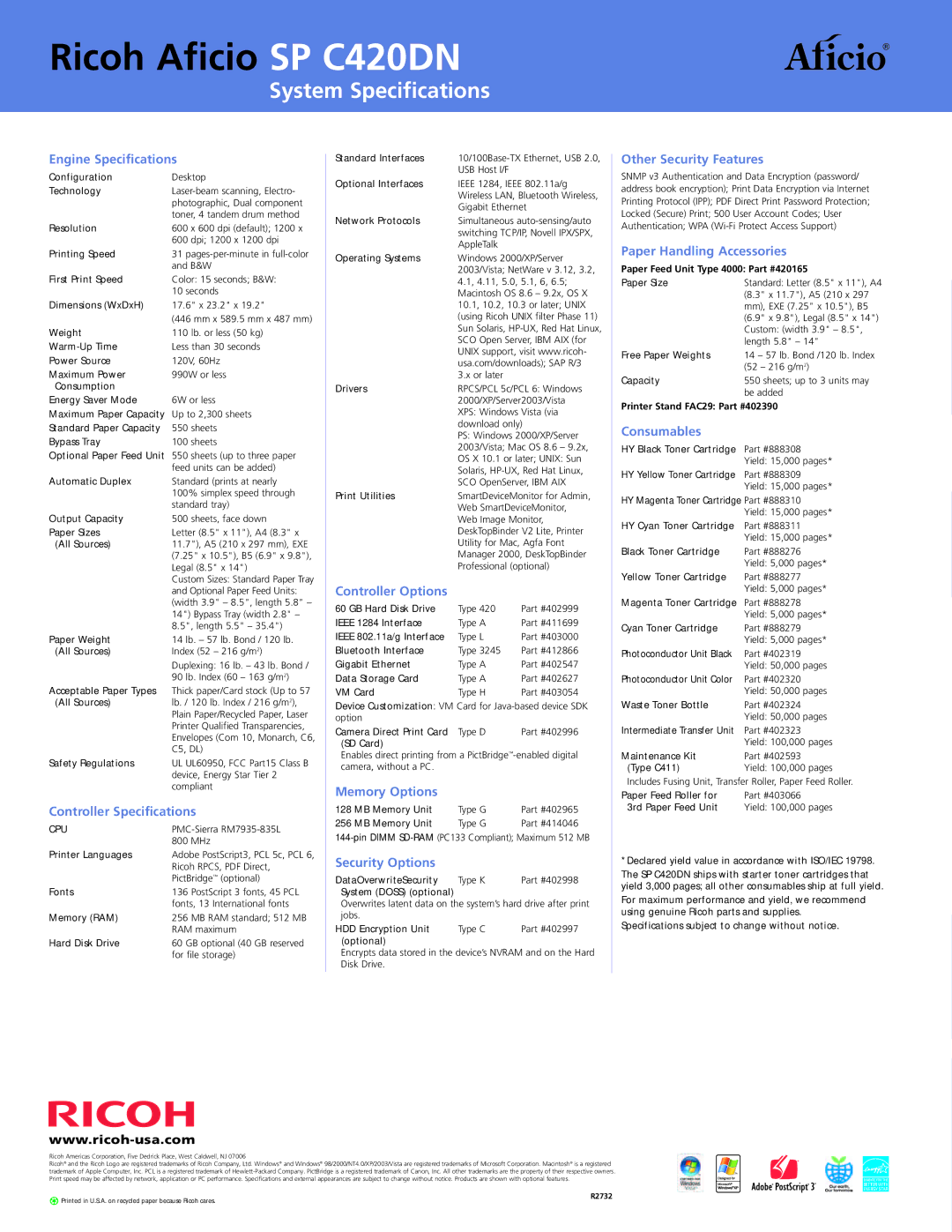 Ricoh manual Ricoh Aficio SP C420DN, System Specifications 
