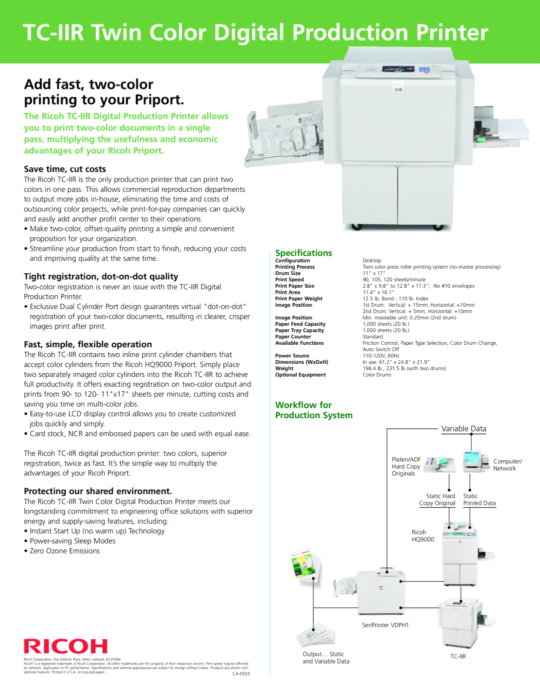 Ricoh TC-IIR manual Specifications, Workflow for Production System 