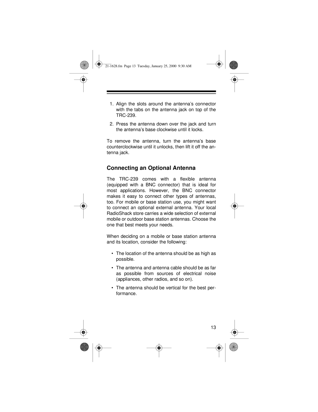 Ricoh TRC-239 owner manual Connecting an Optional Antenna 