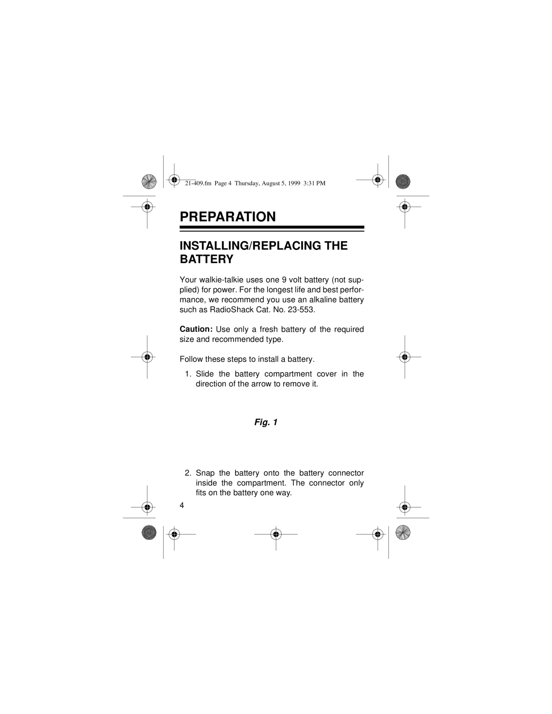 Ricoh TRC-509 owner manual Preparation, INSTALLING/REPLACING the Battery 