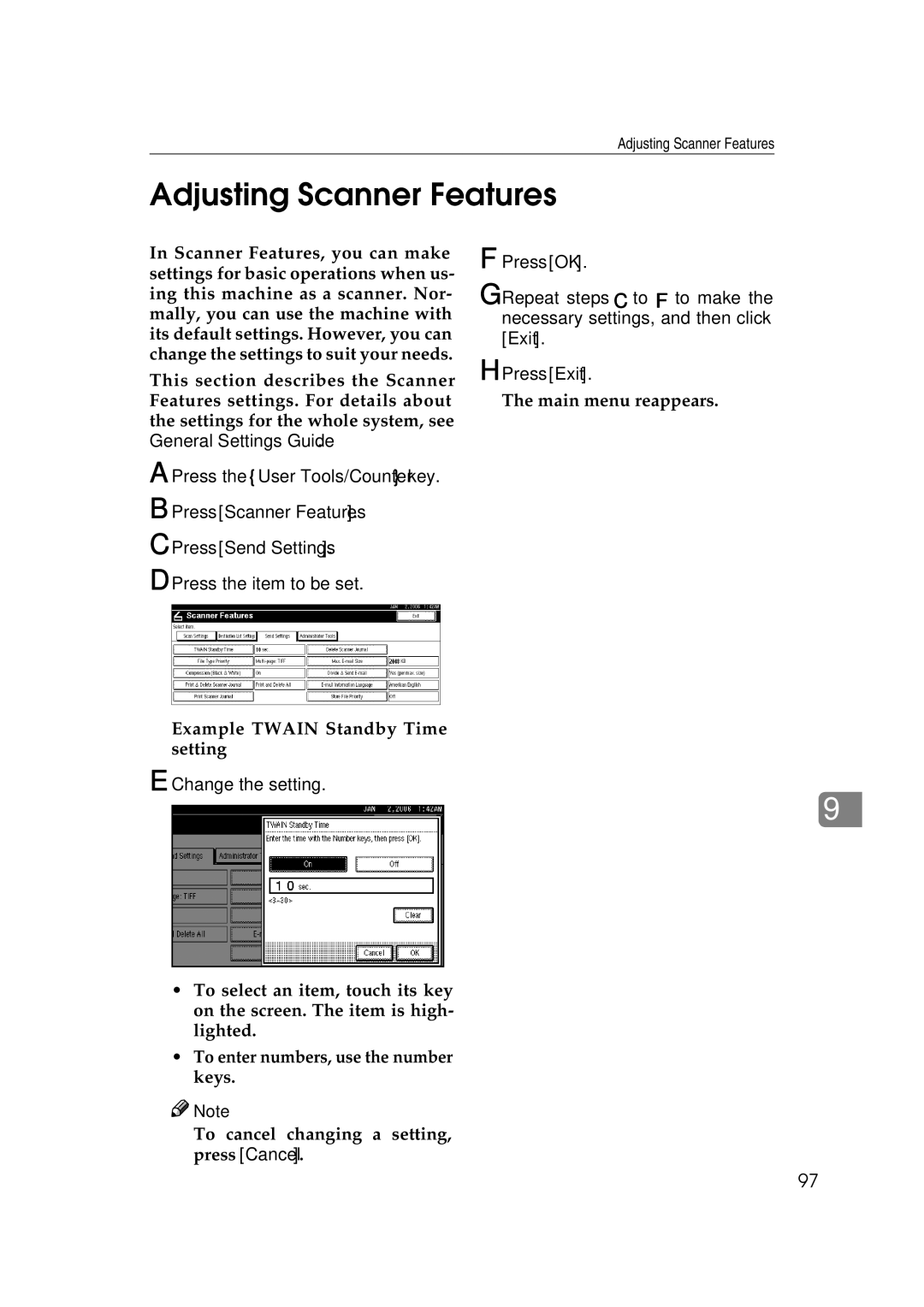 Ricoh Type 480 appendix Adjusting Scanner Features, Change the setting 