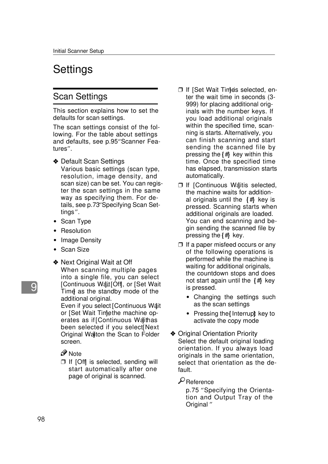 Ricoh Type 480 appendix Default Scan Settings, Next Original Wait at Off, Original Orientation Priority 