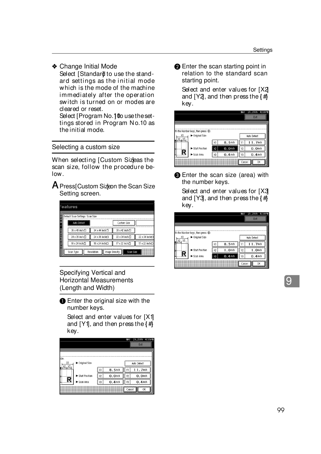 Ricoh Type 480 appendix Change Initial Mode, Selecting a custom size, Press Custom Size on the Scan Size Setting screen 