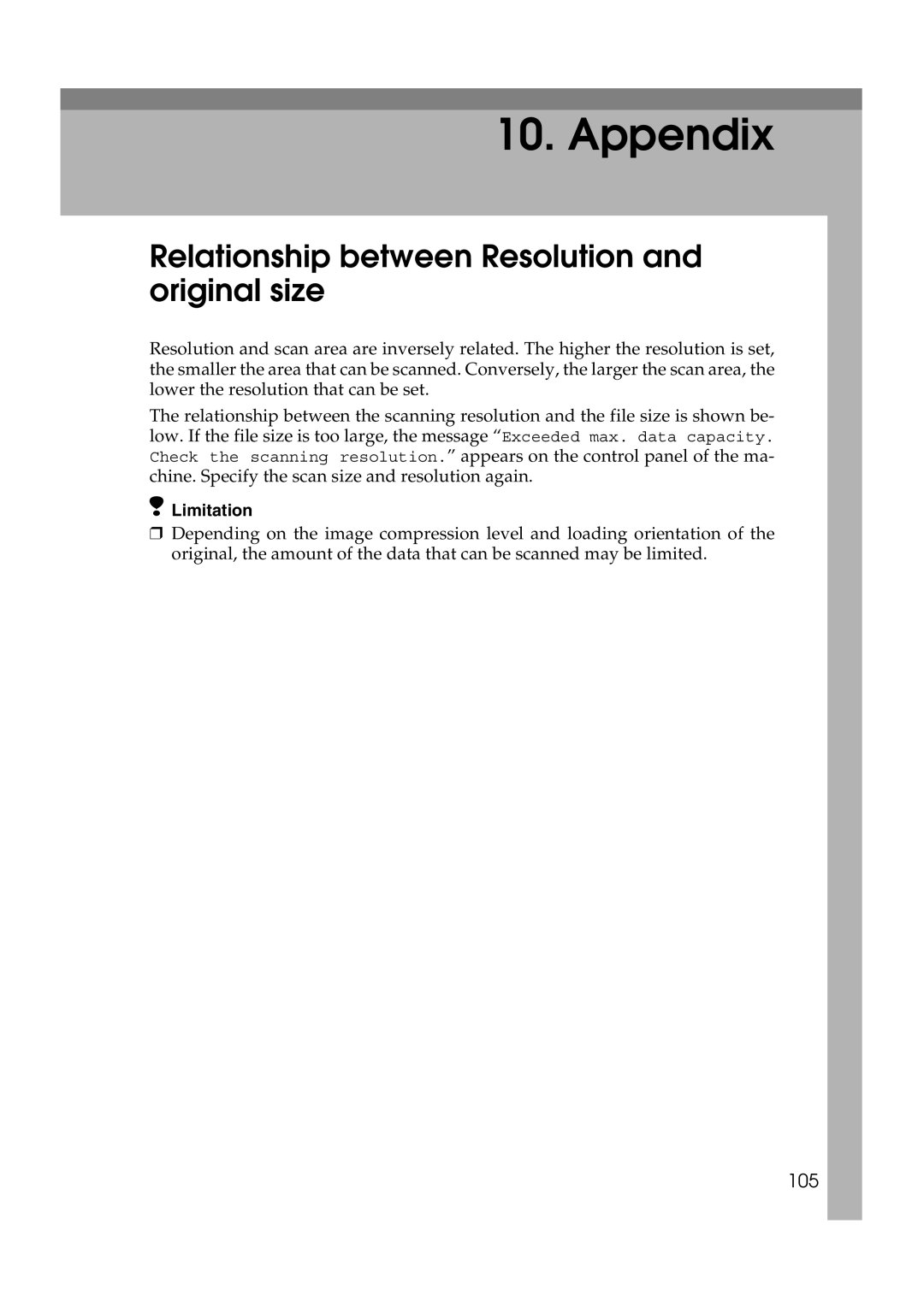 Ricoh Type 480 appendix Appendix, Relationship between Resolution and original size 