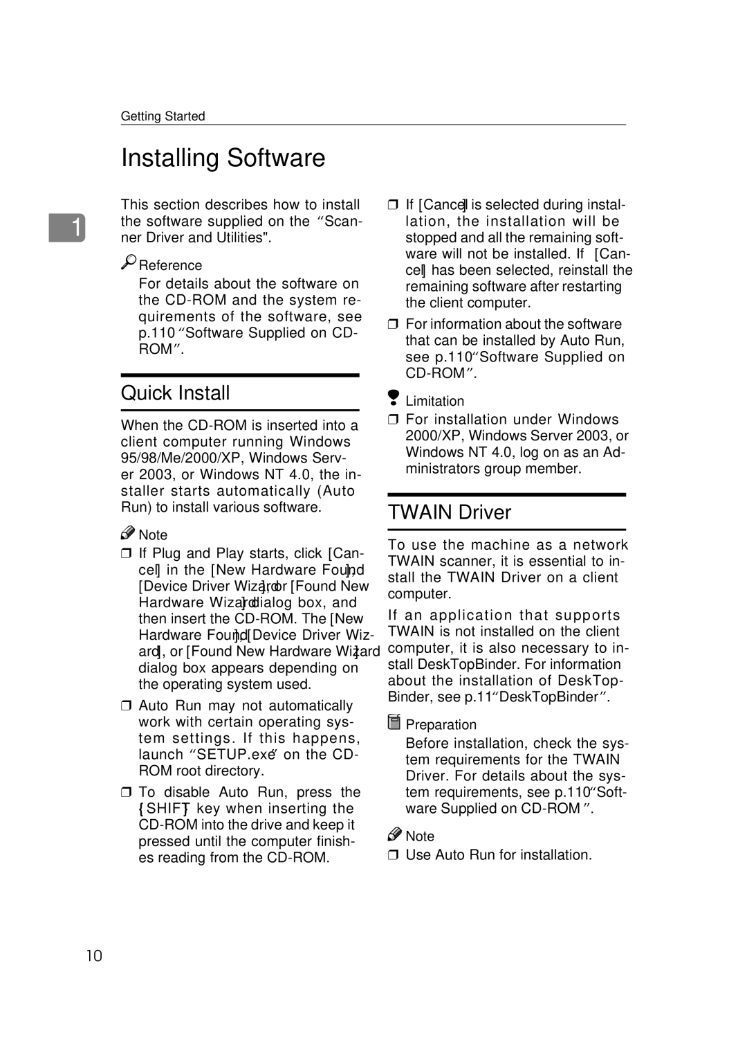 Ricoh Type 480 appendix Installing Software, Quick Install, Twain Driver 