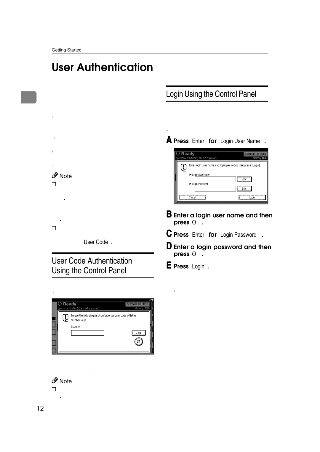 Ricoh Type 480 appendix User Authentication, Login Using the Control Panel, Press Enter for Login User Name 