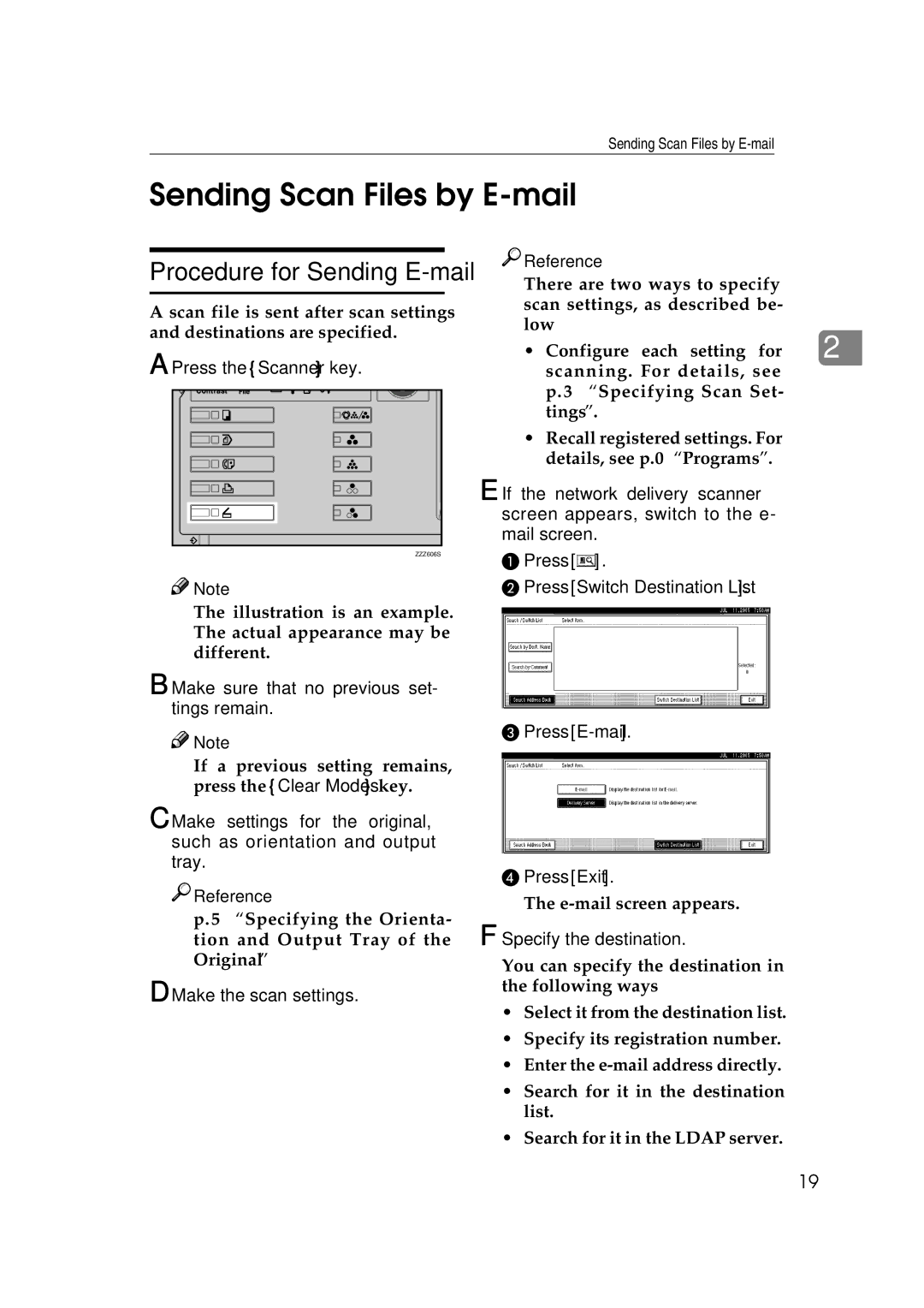 Ricoh Type 480 appendix Sending Scan Files by E-mail, Press Switch Destination List, Press E-mail 