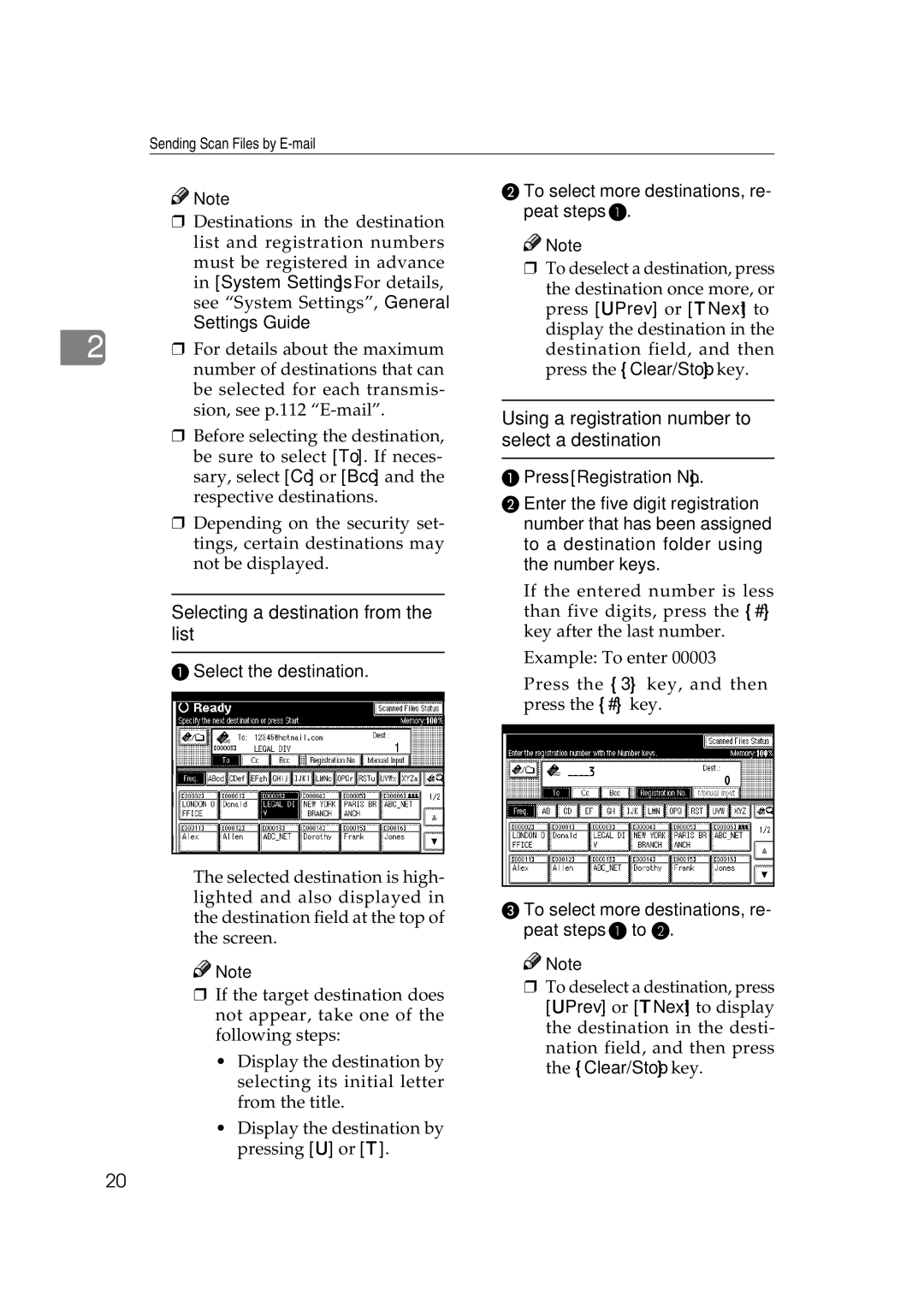 Ricoh Type 480 appendix Selecting a destination from the list, Using a registration number to select a destination 