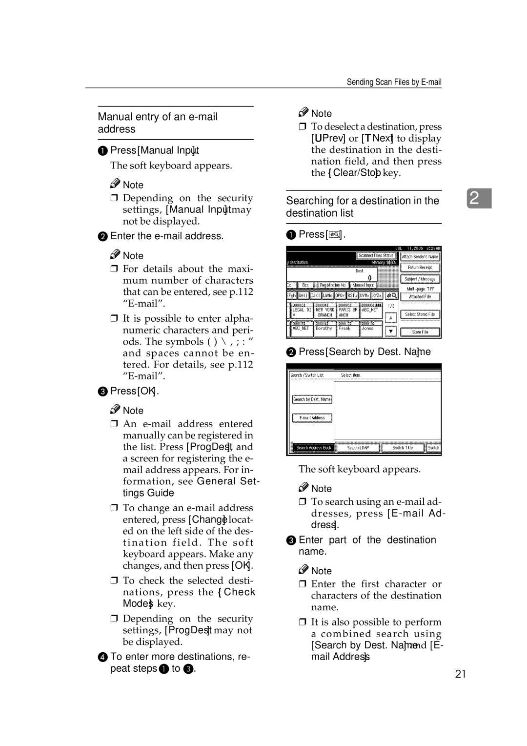 Ricoh Type 480 appendix Manual entry of an e-mail address, Searching for a destination Destination list, Press Manual Input 