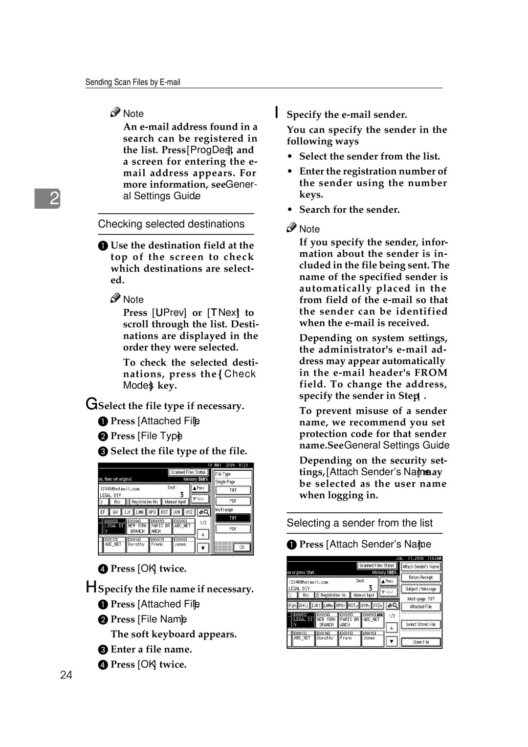 Ricoh Type 480 Checking selected destinations, Selecting a sender from the list, Press Attached File Press File Type 