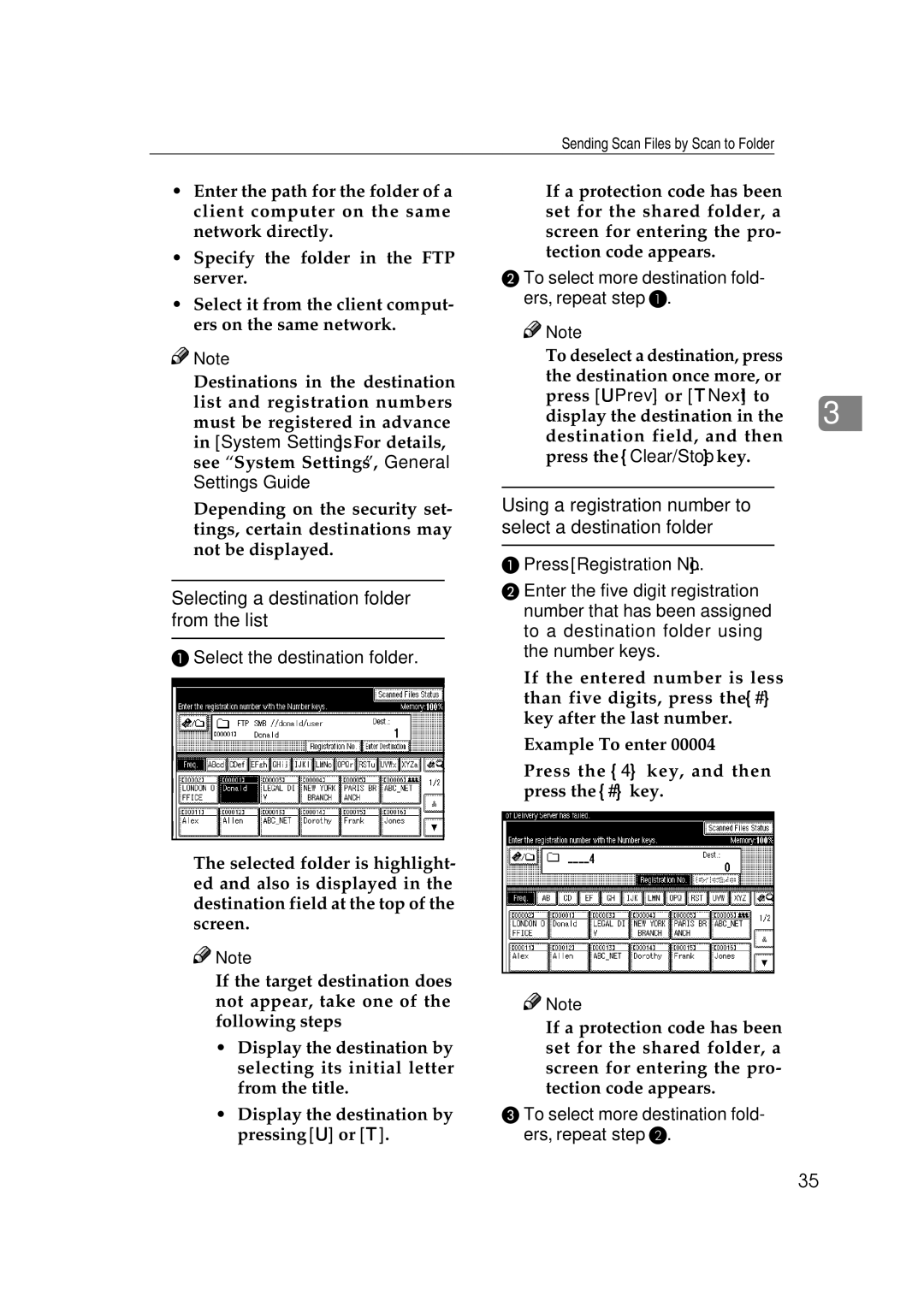 Ricoh Type 480 Selecting a destination folder from the list, Using a registration number to select a destination folder 