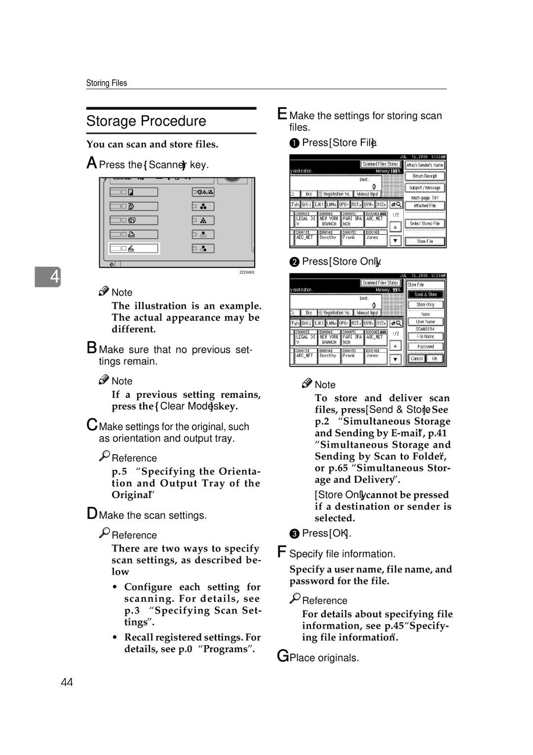 Ricoh Type 480 appendix Storage Procedure, Make the settings for storing scan files, Press Store File Press Store Only 