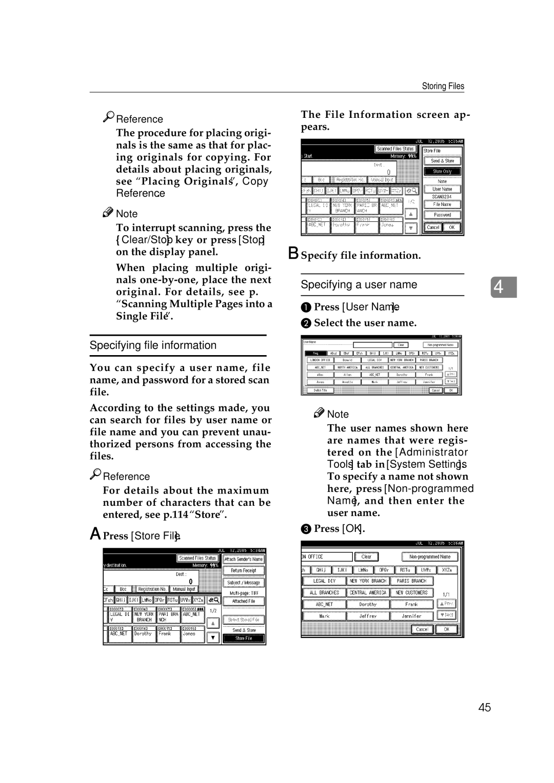 Ricoh Type 480 appendix Specifying file information, Press User Name, Select the user name 