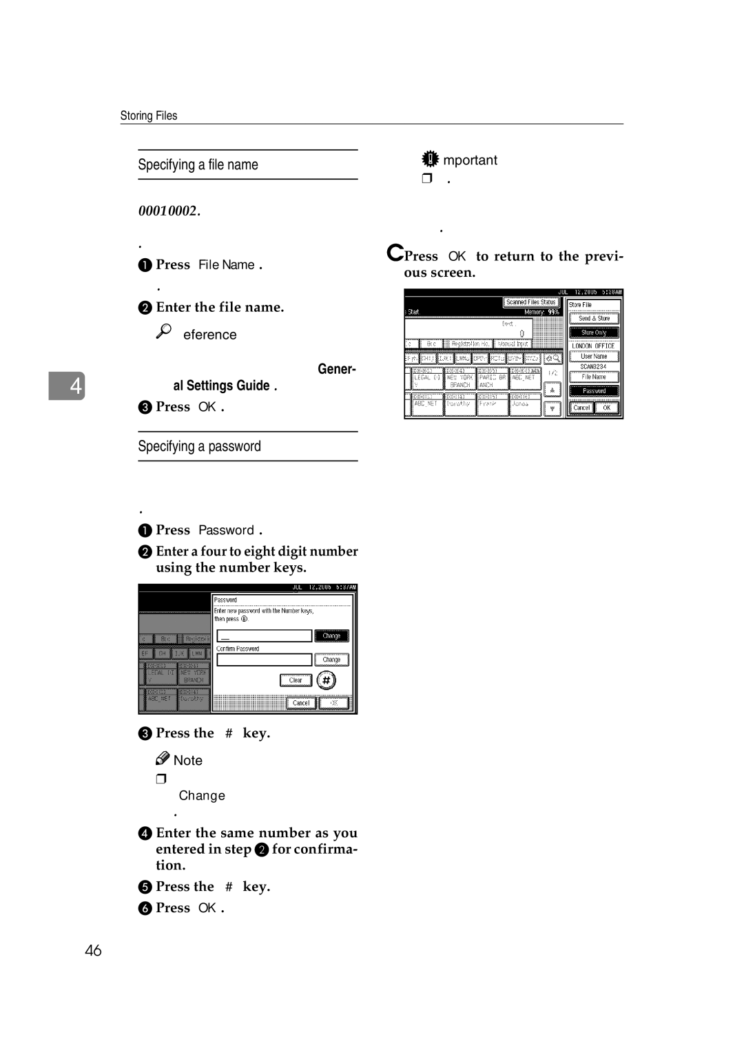 Ricoh Type 480 appendix Specifying a file name, Specifying a password, Press Password 