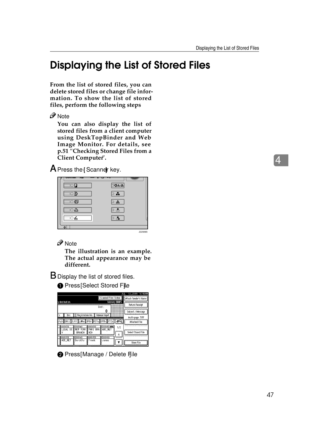 Ricoh Type 480 appendix Displaying the List of Stored Files, Display the list of stored files 